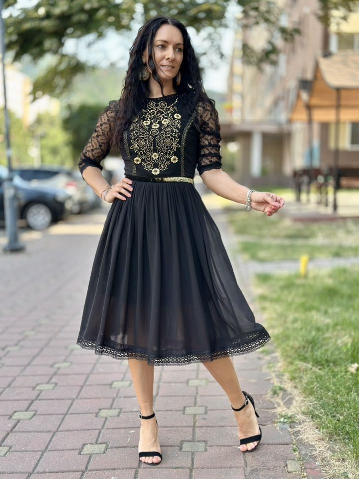 Black Dress with Gold Embroidery