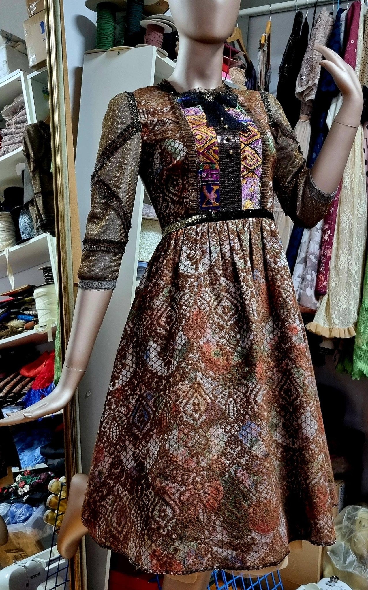 ZERA MERONE Brown Brocade Dress