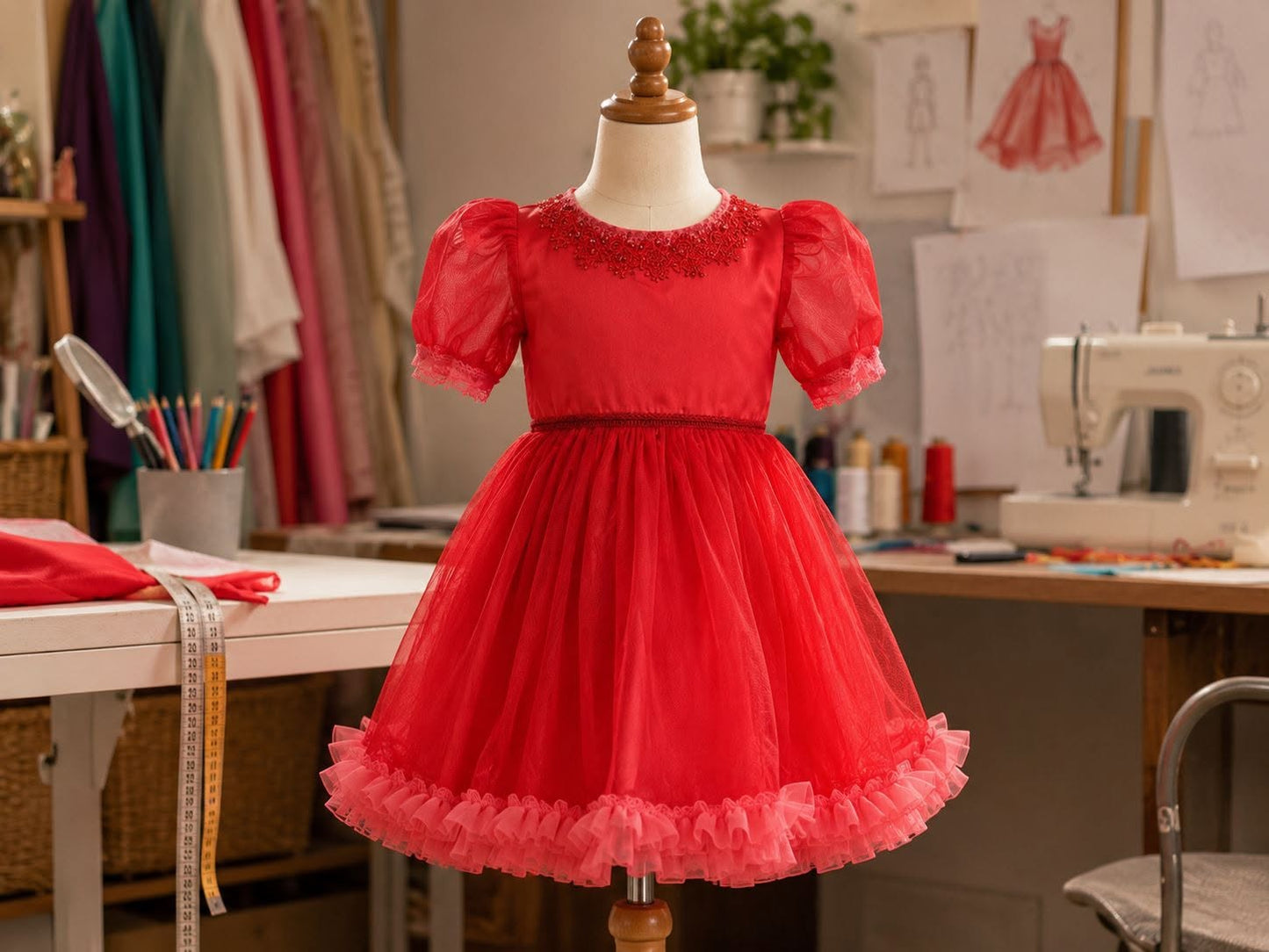 Rochie Roșie cu Tulle și Mergele