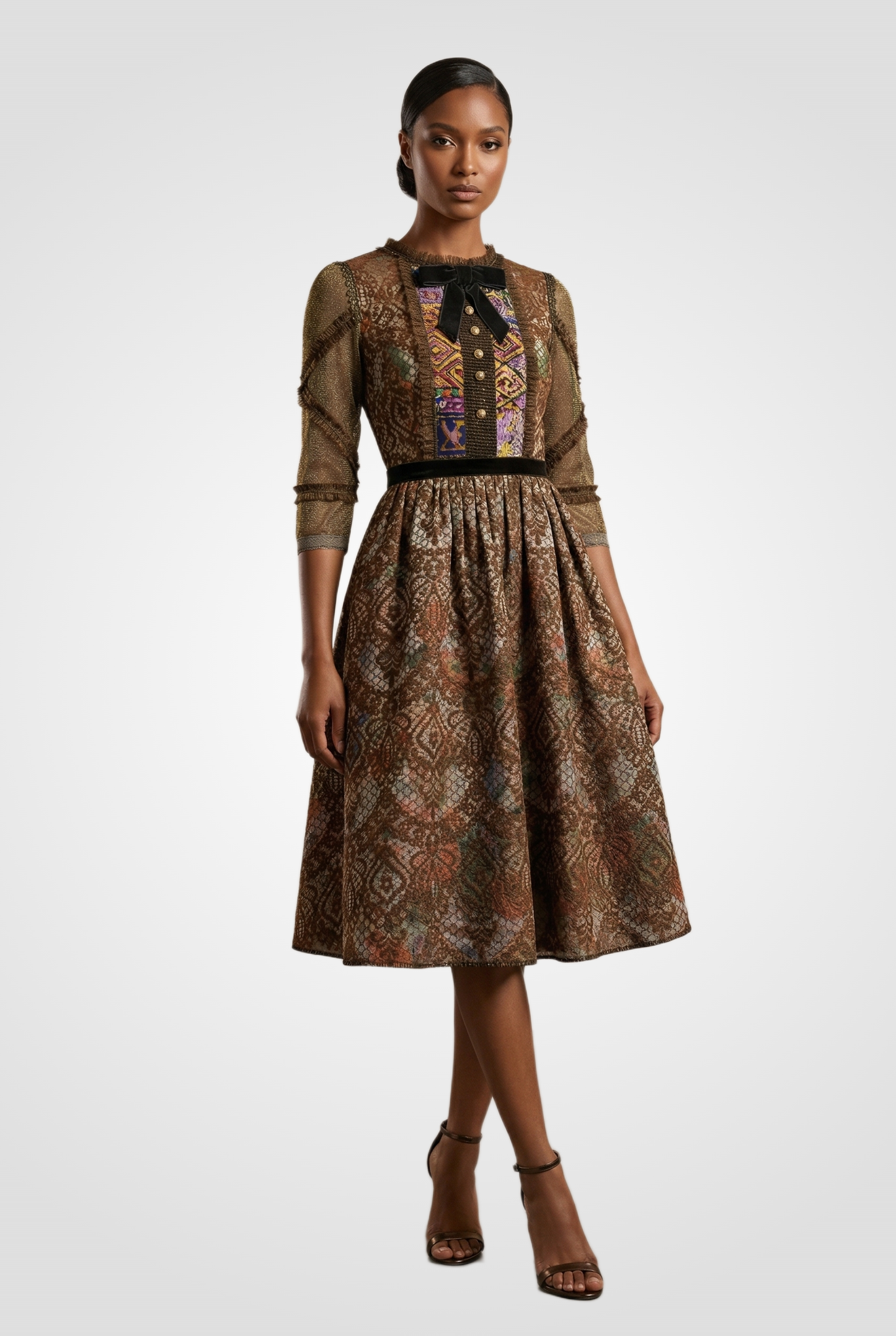 ZERA MERONE Brown Brocade Dress