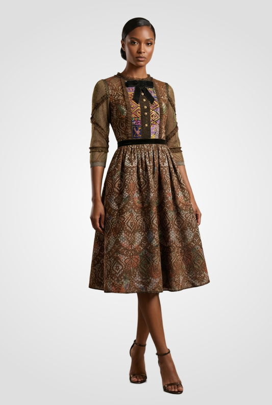 ZERA MERONE Brown Brocade Dress